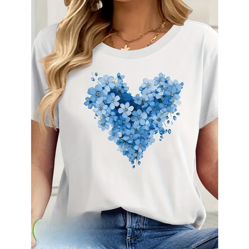 European Size Women S  Heart Print T-Shirt - Blue Floral Design, Casual Round Neck Short Sleeve Tee, Breathable & Machine Washable for Spring/Summer S белый