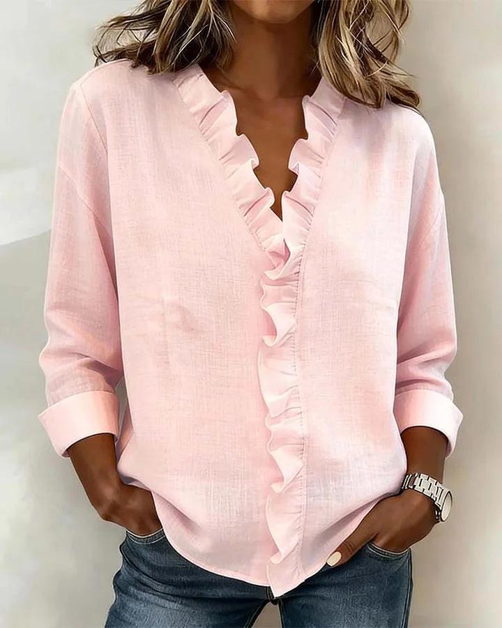 European Spring 2026 Women's Ruffle-Trim Cotton Long-Sleeve Shirt