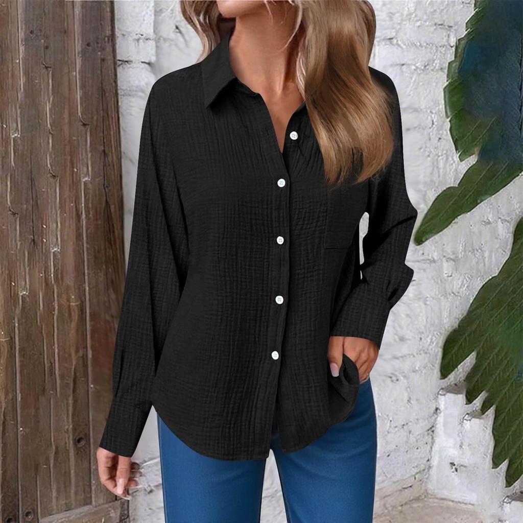 Women's Fashion Casual Solid Color Split Button Long Sleeve Shirt Top
