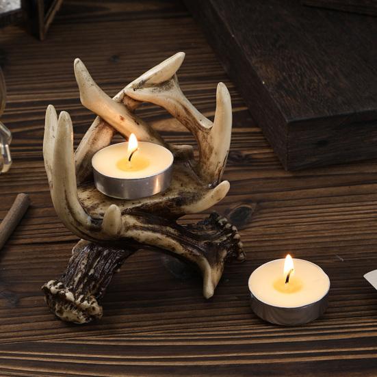 Vintage Geyik Boynuzu Mumluk Gotik Boynuz Tealight Mum Standı Şamdan Masa Orta Parçası Ev Ofis Masaüstü Dekorasyonu