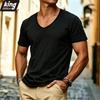 Camiseta Informal para Hombre de Manga Corta con Cuello en V - Tejido Slub Ajustada Lisa Beige Transpirable Verano Básica Diaria Camiseta Superior