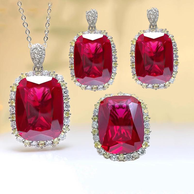 BELLA BOX Luxus Temperament Taube Blutrot Halskette Anhänger, Weibliche Farbe Schatz Set, Rot Korund Ring, Rote Diamant Ohrringe, Weiblich