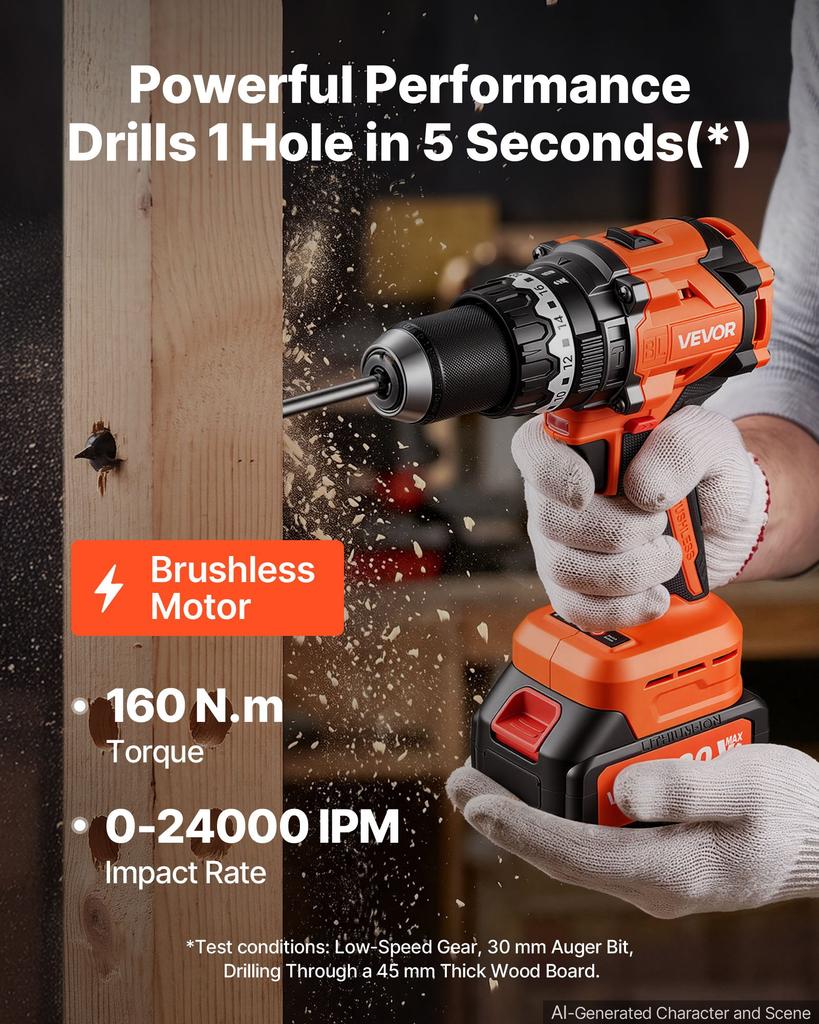 VEVOR Hammer Drill 20V 1/2 in 24000 IPM Brushless Cordless Impact Drill Kit, for Drilling Wood Metal Screw Driving