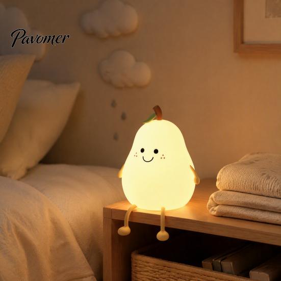 Fun Desk Ornament for Girls Pear Silicone Night Light, Touch Rechargeable Tapping Bedside Lamp, Portable LED Light Bedroom Cute Warm Atmosphere
