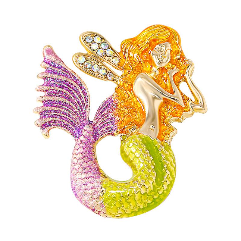 Vintage enamel mermaid brooch brooch corsage diamond fashion high-end mermaid brooch medium antique coat clothing accessories