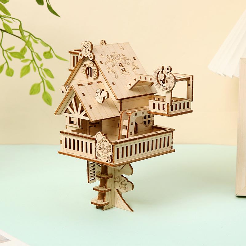 

DIY Wooden Tree House Puzzle: Hand-Assembled Educational Toy Model with Mortise and Tenon Jigsaw for Children.