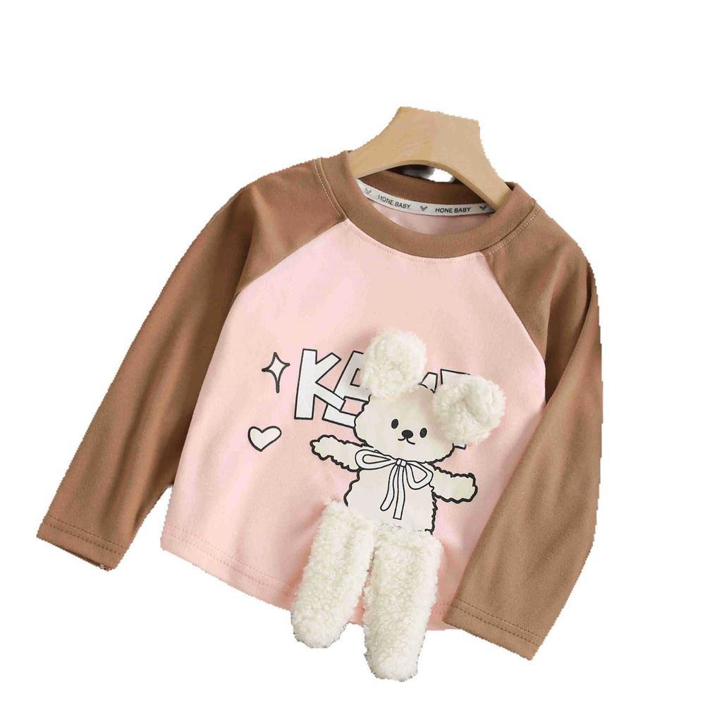 Tricou de bază cu mânecă lungă pentru copii cu ursuleț, toamnă și iarnă, pentru fete, cu gât rotund