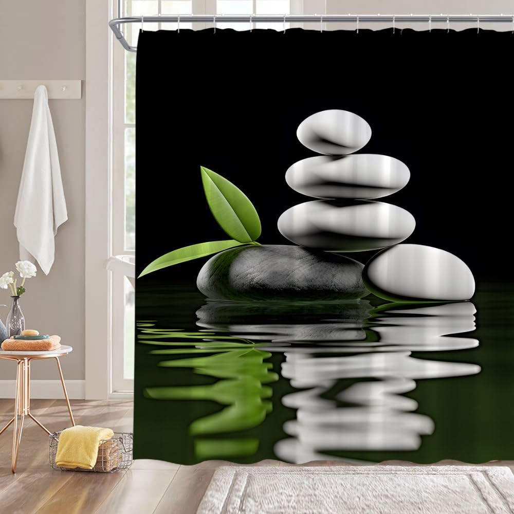 Zen Garden Shower Curtain Spa Green Bamboo Black Stone Purple Floral Leaf Water Nature Japanese Asian Bathroom Home Curtain