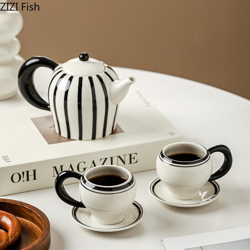 Black and White Striped Mugs Porcelain Cup&saucer Teapot Set Coffee Mug Dining Table Afternoon Tea Teacup Fruits Juice Cup