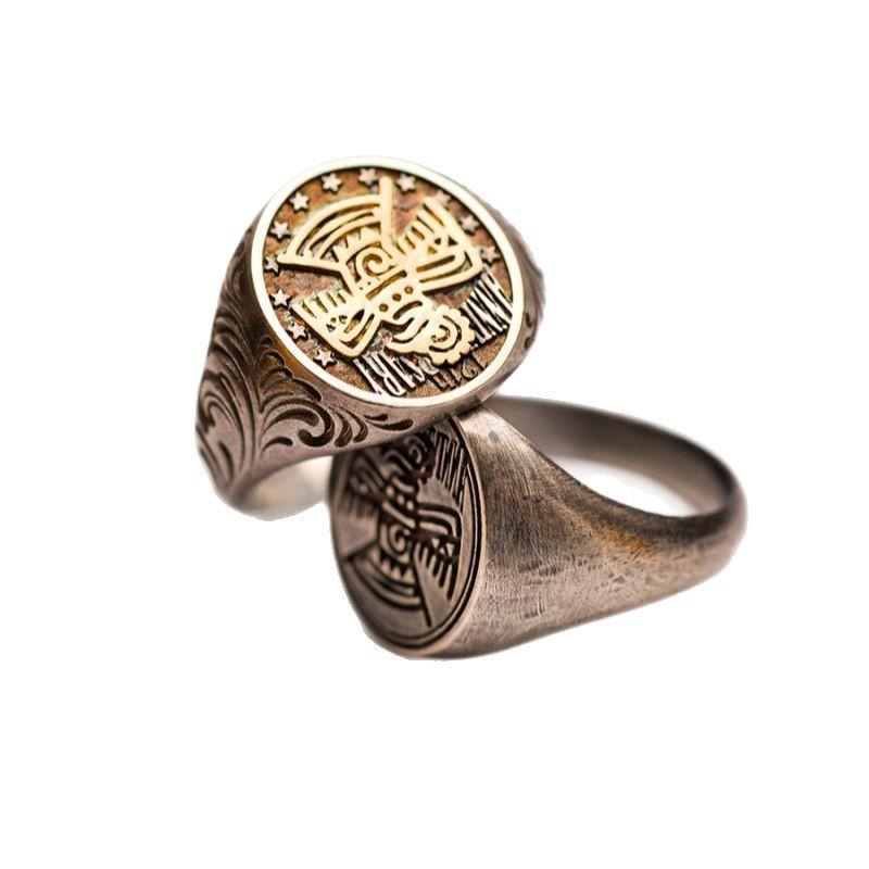 Handcrafted Vintage Thunderbird Seal Ring Men Women Adjustable Open Band Geometric Animal Motif Plated Jewelry