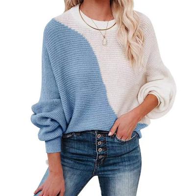 2021 Autumn and Winter European and American Bat Sleeves New Color Matching Round Neck Sweater Pullover Ladies Sweater Women