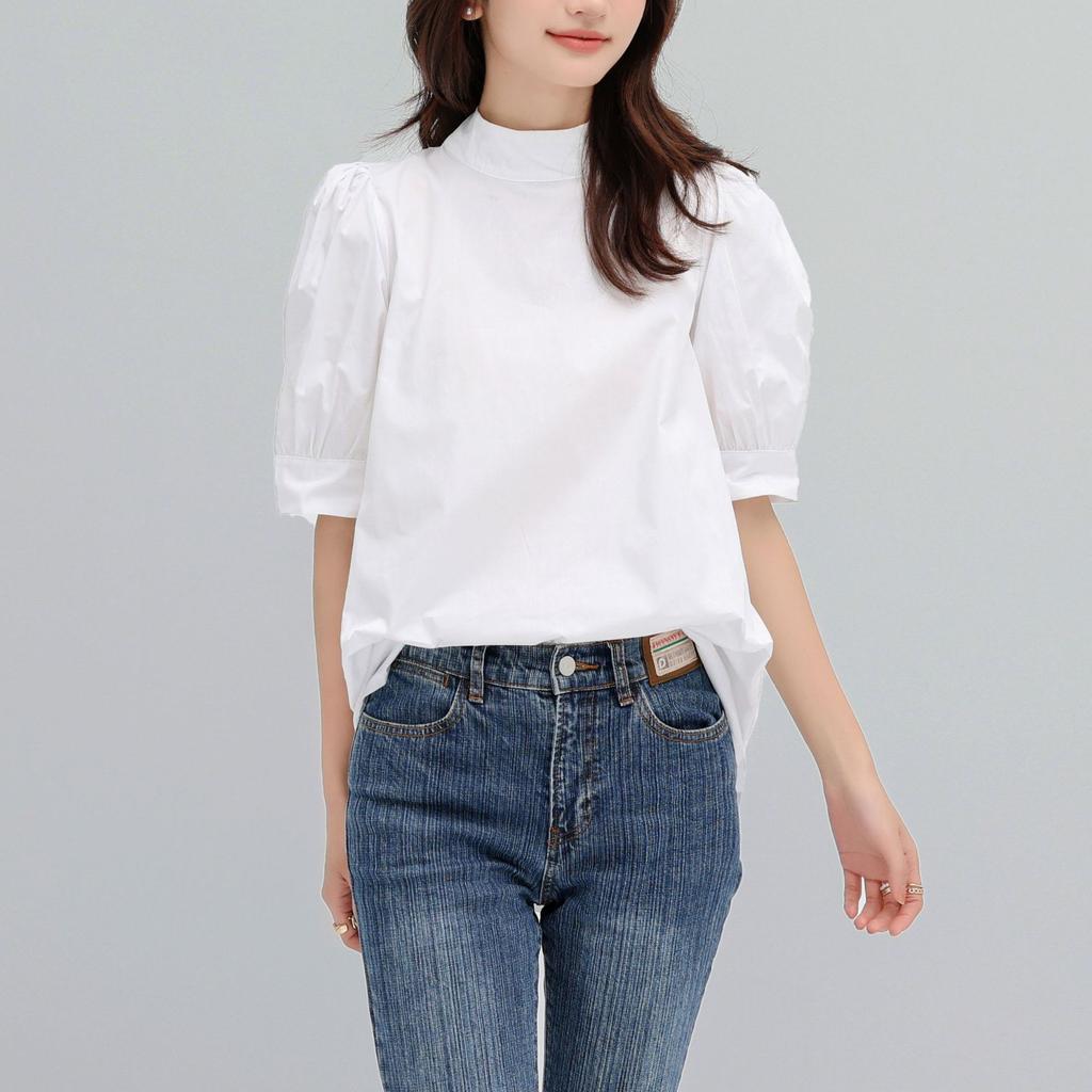 Lotte Japan Korea Spring Summer Solid Color Blouse Solid Lace Up Mid Sleeve Half High Neck Shirt for Women