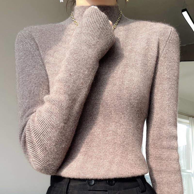 Women's Slim-Fit Semi-High Neck Long Sleeve Knitwear Pullover for Autumn and Winter