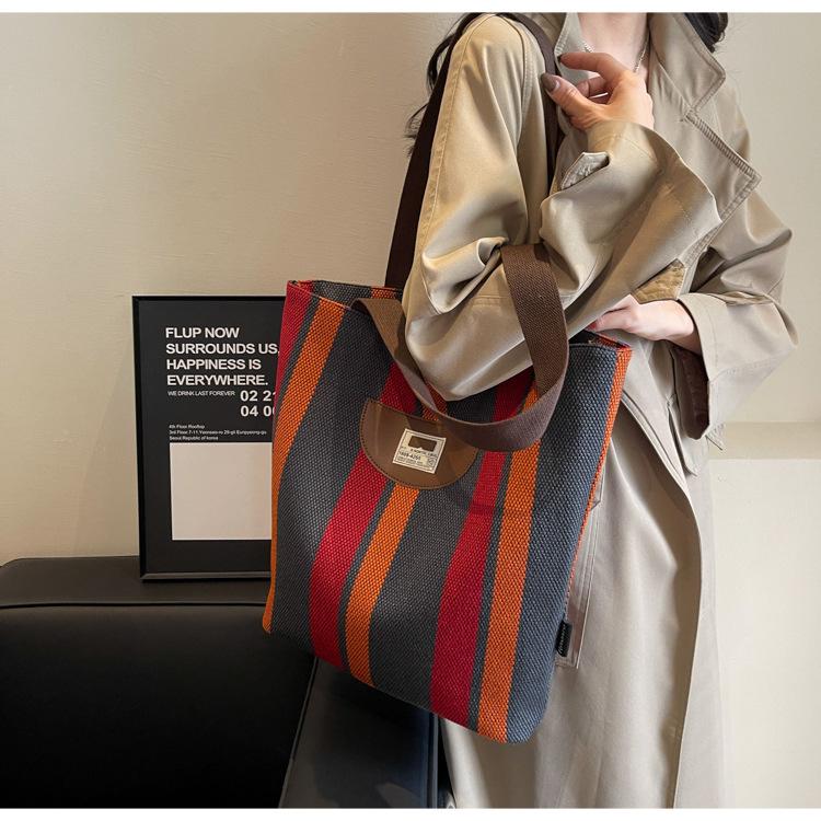 Striped Canvas Bag Women's New Summer Casual Lightweight Shoulder Bag Large Capacity Tote Bag Shopping Bag