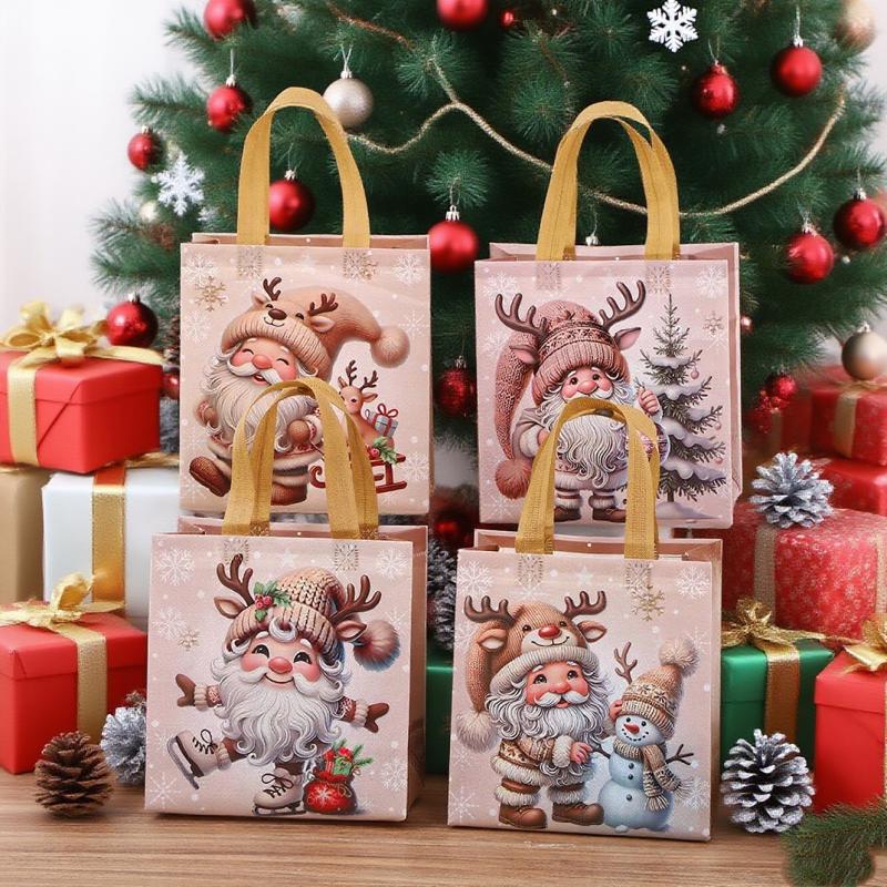 12 Vintage Christmas Gift Bags - Santa Claus, Reindeer, Snowflake Patterns - Beige and Brown Holiday Party Gift Bags, Non-woven