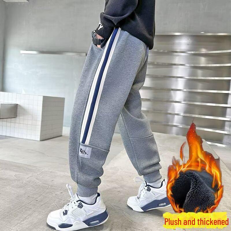 New 2025 Boys' Autumn/Winter Sports Sweatpants: Velvet-Cuffed, Medium/Large Casual Trousers Trend.