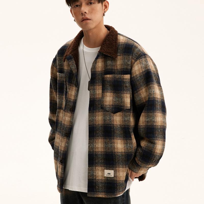 Giacca Camicia a Maniche Lunghe Plaid in Flanella di Agnello Unisex Autunno-Inverno - Fresca Vestibilità Larga Giapponese