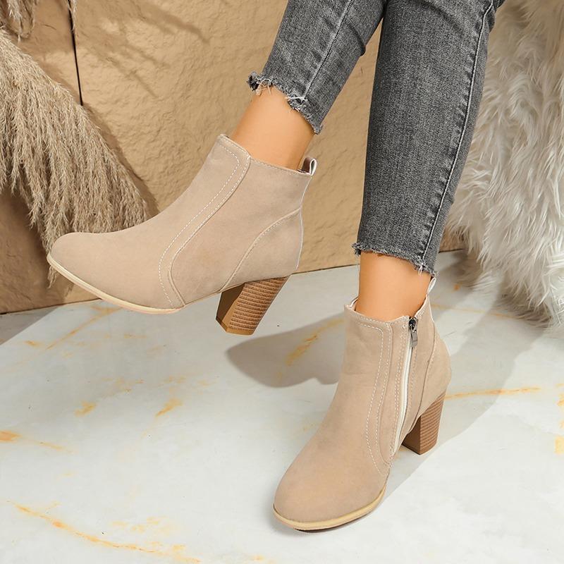 Autumn and Winter New Round Toe Solid Color High Heel Short Tube Side Zipper Fashion Boots Women