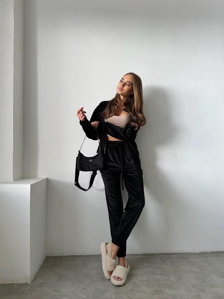 Europejski i Amerykański Jesienny Zestaw Dwuczęściowy z Aksamitu Zapinany na Zamek: Bluzka z długim rękawem, elastyczną talią i spodnie z mankietami z kieszeniami dla kobiet