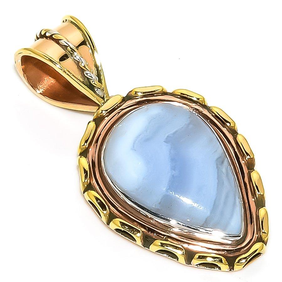 

Natural Blue Lace Agate Two Tone 925 Solid Sterling Silver Pendant 1.50 m4j45