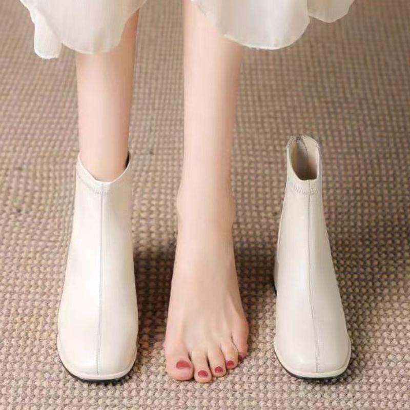 Elegant with Medium Heels Fleece-Lined Leather Booties Autumn Winter Square Toe Women's Ankle Boots New In Female Short Shoes