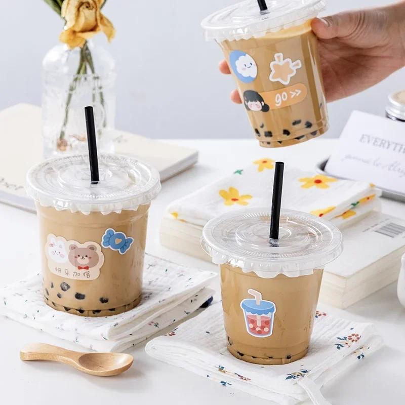 50 Sets of Coffee Milk Tea Leak Proof Cups Disposable Thickened Household Plastic Beverage PET Cold Drink Packaging Cup with Lid