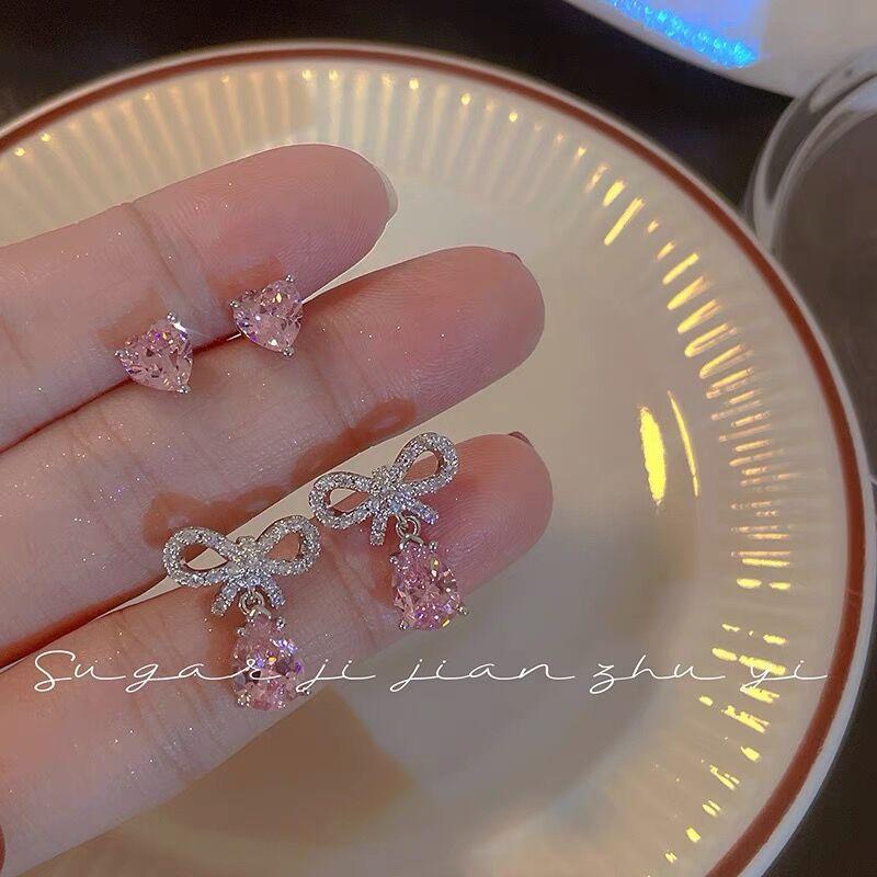 Sweet cool pink zircon bow stud earrings ins simple design super flash love earbone stud earrings female sweet cool wind