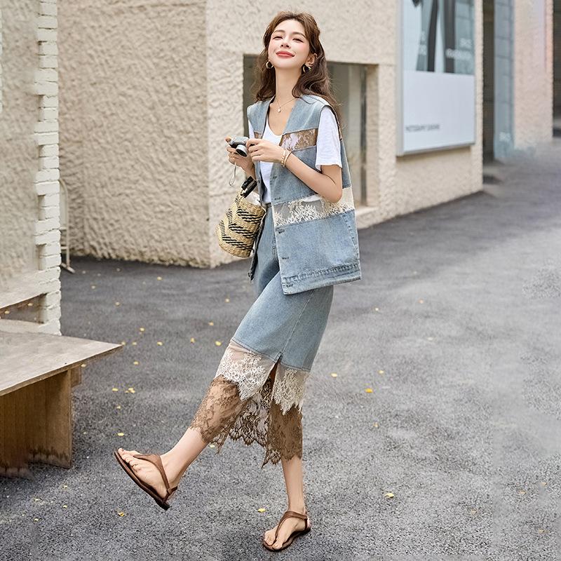 

Джинсовый юбочный костюм, летний новый модный темпераментный жилет, юбка, носить, комплект из трех предметов XL