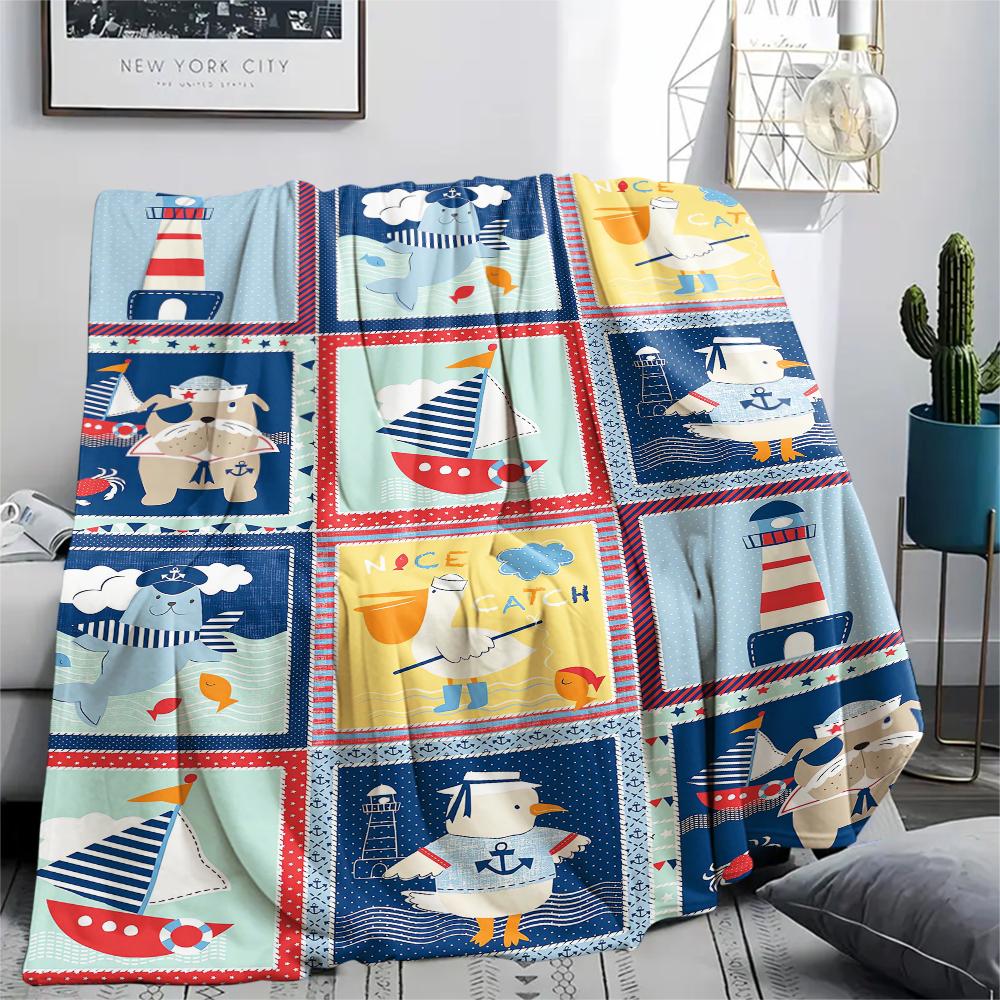 1Pc Nautical Print Flannel Blanket, High quality Comfortable for All Seasons, Home Decor, Warmth and Comfort, Perfect for Christmas Gifts