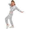 Mädchen Langarm-Hoodie mit asymmetrischem Saum, Metallic-Schnitt, Hip-Hop-Jazz-Set, Spaghettiträger-Top und glänzender Hose