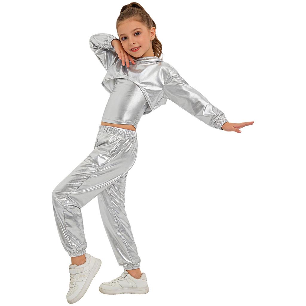 Mädchen Langarm-Hoodie mit asymmetrischem Saum, Metallic-Schnitt, Hip-Hop-Jazz-Set, Spaghettiträger-Top und glänzender Hose