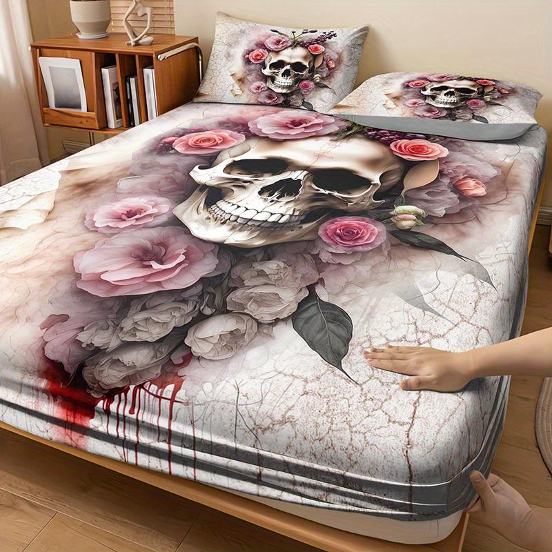Pink Rose Skull Fitted Sheet Set 3D Print Dark Romantic Bedding Set Soft Breathable Microfiber Fabric For Adults Bedroom Decor