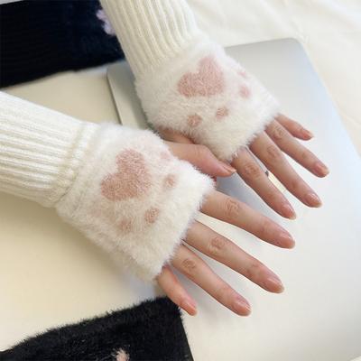 Korean Version of Cute Cat Paw Print Half Finger Plush Gloves Autumn and Winter Student Writing Warm Thickened Wrist Protecting Fingerless Gloves