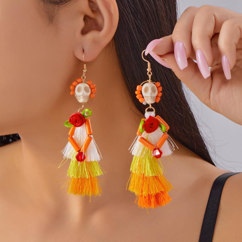 Halloween Skeleton Dangle Earrings With Resin Insect Design For Women