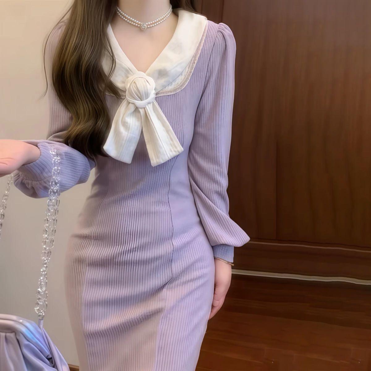 Elegant French Spring 2026 Bow Knit Fishtail Dress - Long Sleeve Slim Fit XL (Recommended for 115-125 jin)