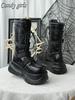 Gothic Schwarze Plateau Mid-Calf Stiefel für Damen Klobiger Absatz Schnürung Schnallendesign Seitenreißverschluss Edgy Punk Stil Damenstiefel