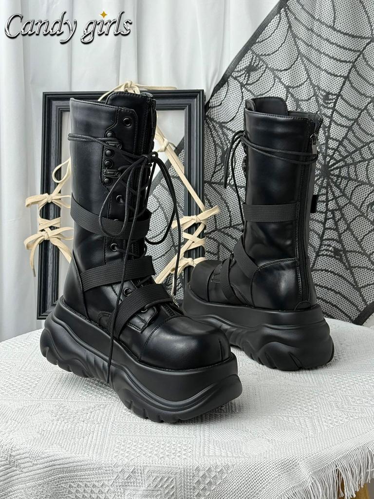 Gothic Schwarze Plateau Mid-Calf Stiefel für Damen Klobiger Absatz Schnürung Schnallendesign Seitenreißverschluss Edgy Punk Stil Damenstiefel