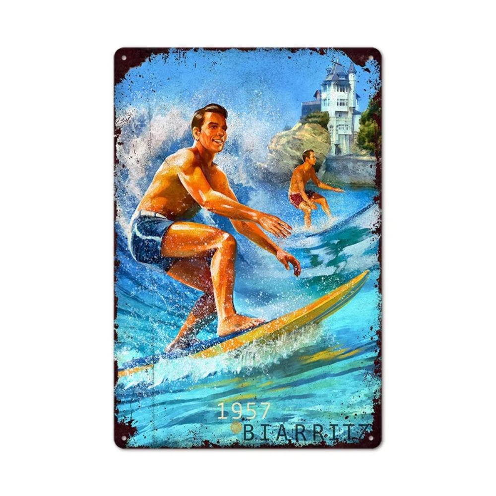 Vintage Tin Art of Summer Surfboards: Ideal for American Bar Backdrops and Home Decor Wall Murals
