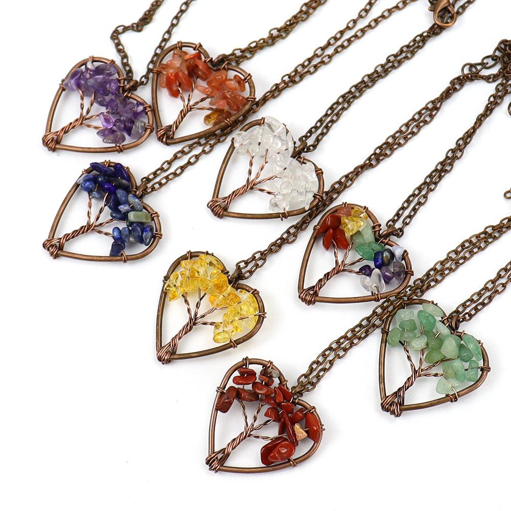 Vintage Hand-Wound Natural Stone Crystal Heart-Shaped Tree Of Life Curved Tree Necklace N142