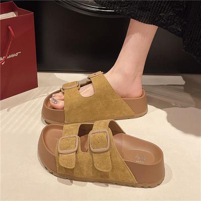 Fashion Temperament Brown Thick-soled One-word Slippers Women's Summer Wear 2025 New Height-increasing Commuter Versatile Sandals