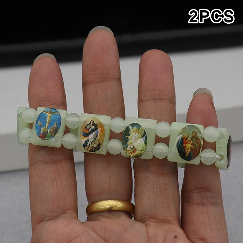 2Pcs Vintage Jesus And Virgin Mary Pvc Rosary Bead Bracelet With Elastic Band Religious Image Stickers For Daily Wear Parties