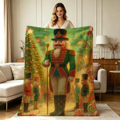 Cozy Flannel Throw Blanket with Nutcracker Christmas Town Print Warm All Season Blanket for Sofa Couch Bedroom Living Room Home Decor Soft Warm Flanne