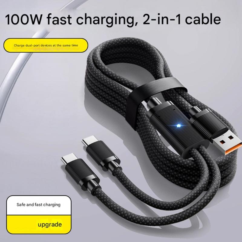 100W Double Port Fast Charging Braided Cable with LED Light Heavy Duty Charging Cord for Multiple Devices USB Type C