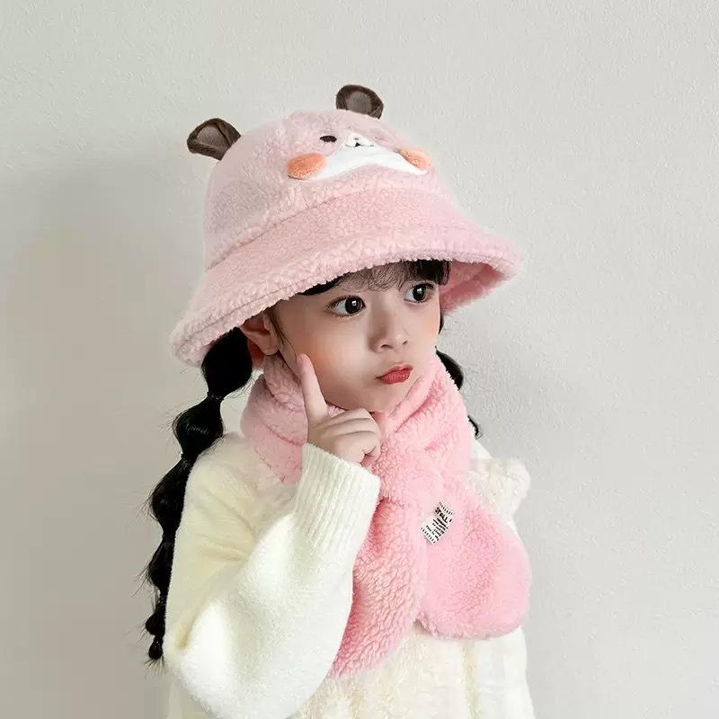 Children's Hat Scarf Two-piece Set Winter Girl Cute Rabbit Warm Basin Hat Boy Baby Winter Bucket Hat