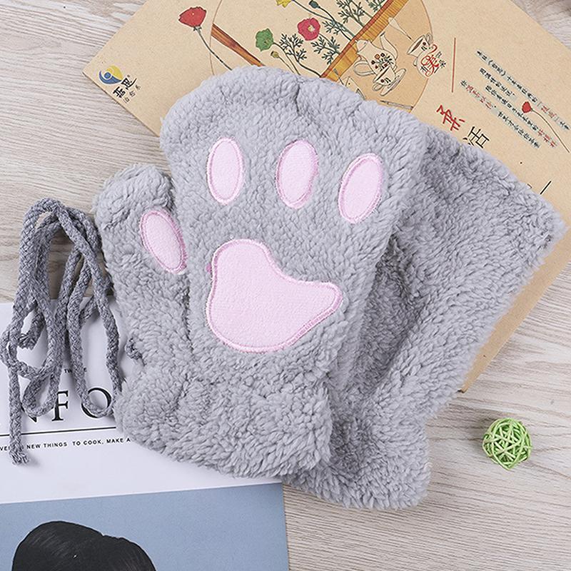 Cartoon Cute Cat Claw Gloves Women Plush Mittens Warm Soft Plush Short Fingerless Fluffy Gloves Winter Half Finger Gloves