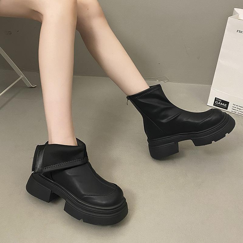 Thick-soled Cigarette Boots Chelsea Martin Boots Coarse Heel Stretch Boots Skinny Boots Fleece Black Women's Short Boots