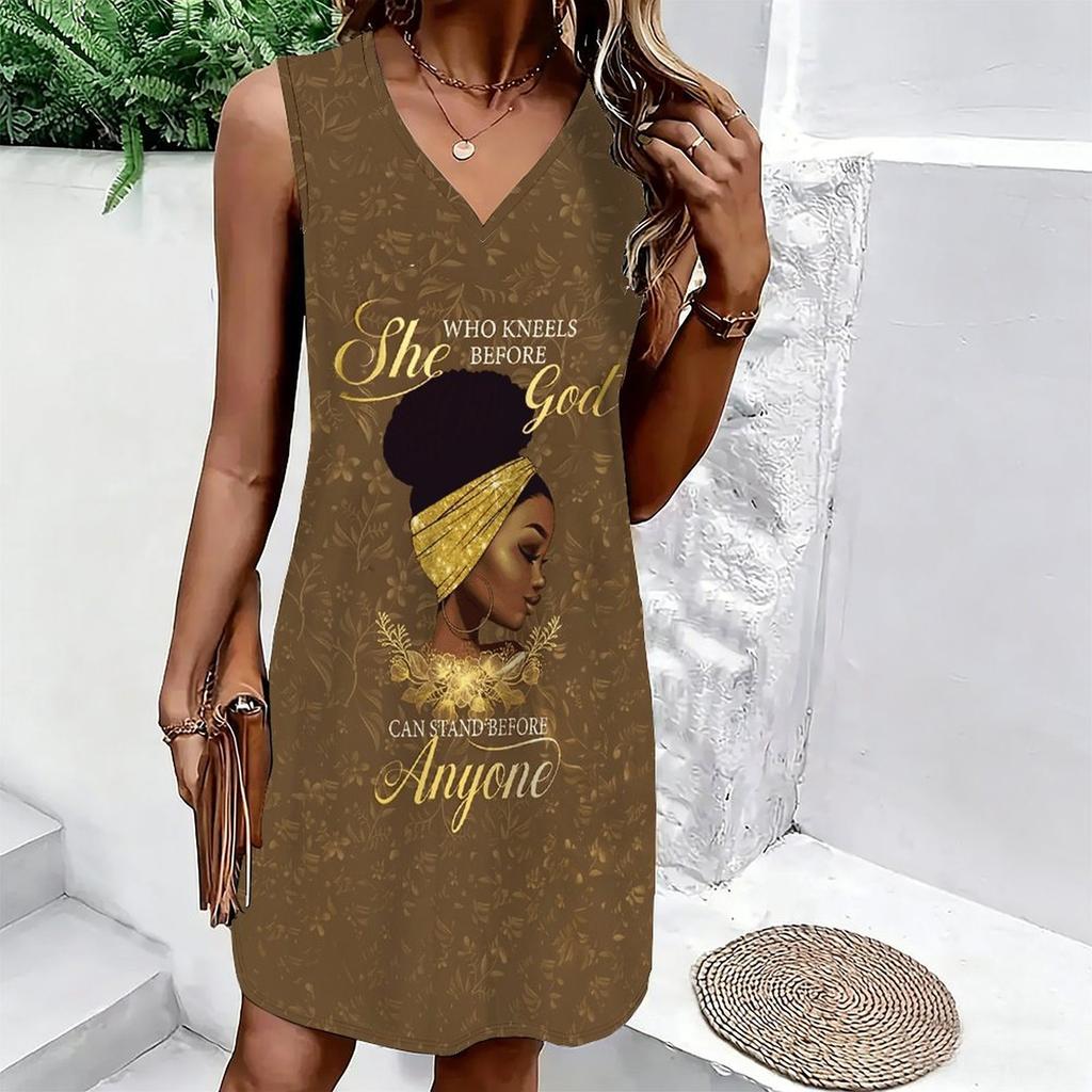 Plus Size V Neck Sleeveless Dress Ink Mountain Stream Print For Water Town Sightseeing