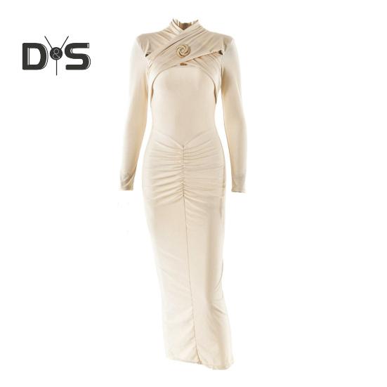 Dámské večerní šaty s vyhloubeným tělem, kovová spona nařasená elastická čistá barva midi šaty s dlouhým rukávem, plesové šaty