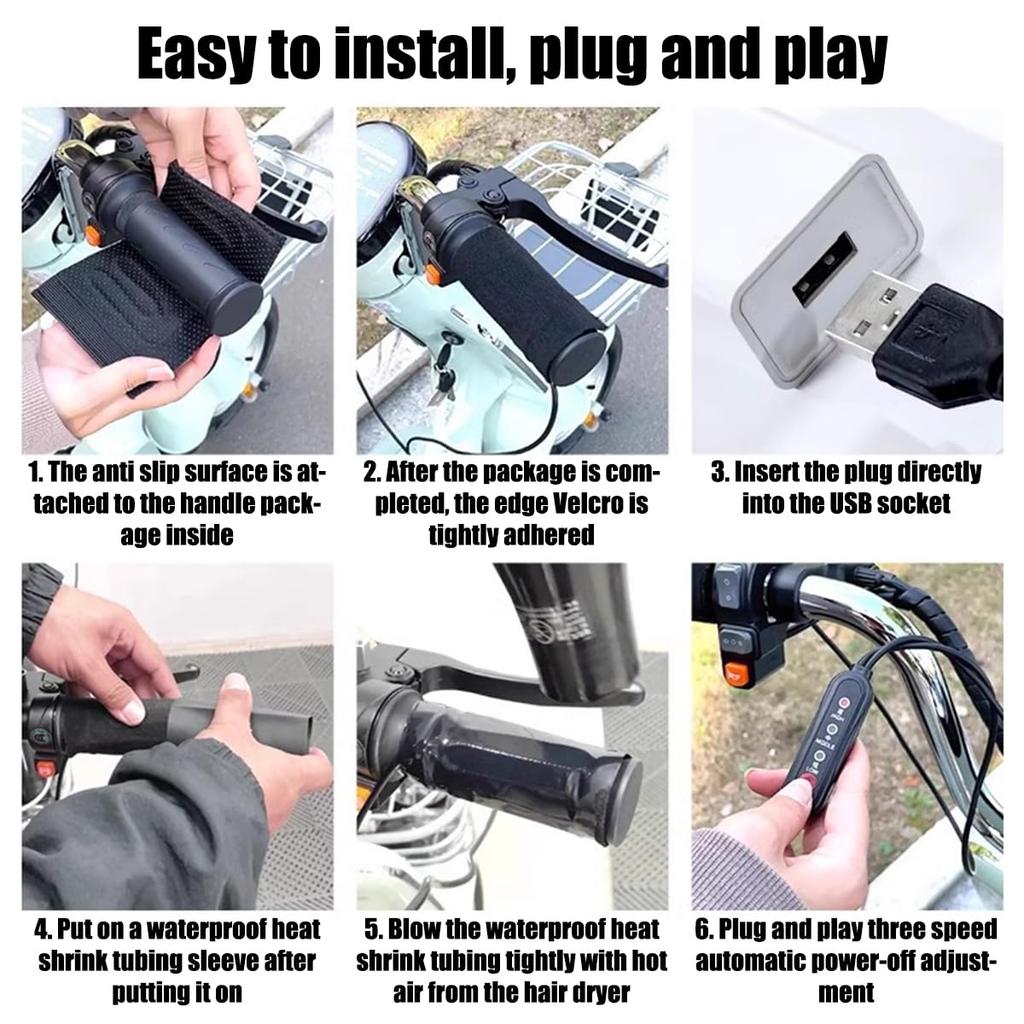 Vyhřívané rukojeti pro motocykly, USB, Rychlé vyhřívání, Obalové, 3 úrovně nastavení teploty, 10s