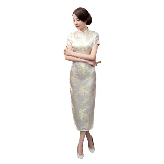 Abito da sera tradizionale cinese a maniche corte da damigella d'onore lungo cheongsam da donna